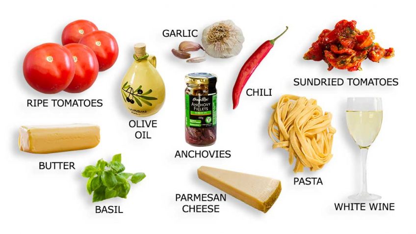 Ingredients for fresh tomato and basil pasta